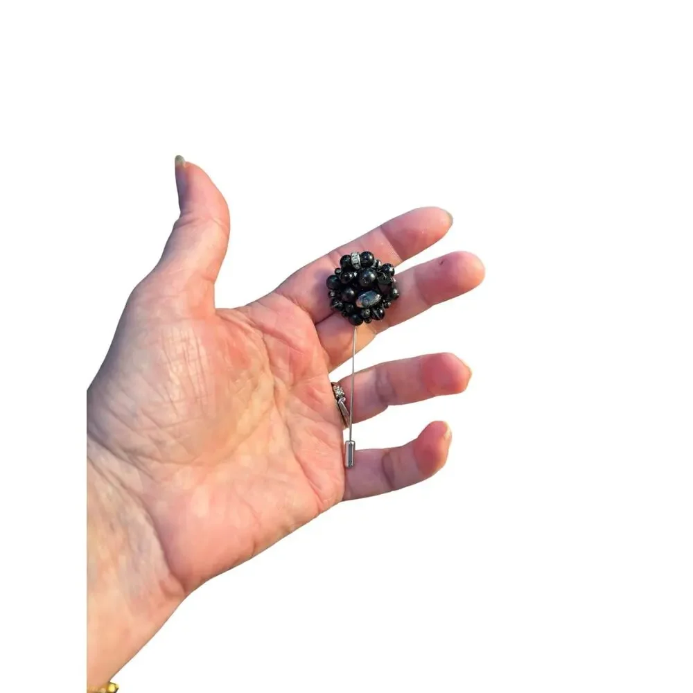 Black Bead Cluster Stick Pin Handmade From Vintage Earring Goth Victorian